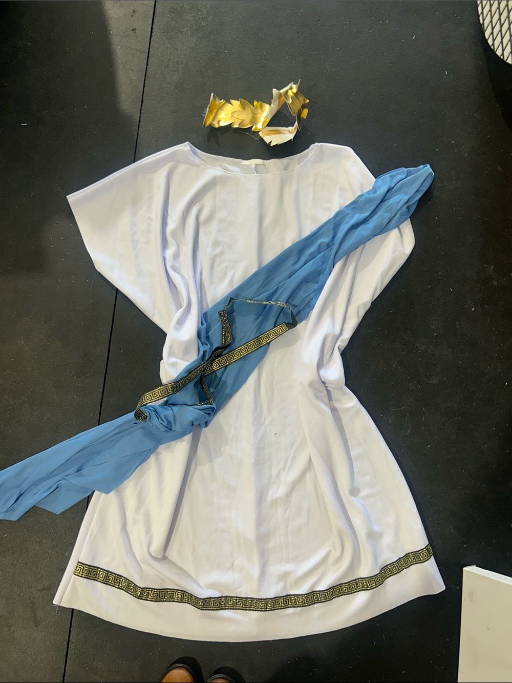 White and Blue Greek Toga Costume with Gold Laurel